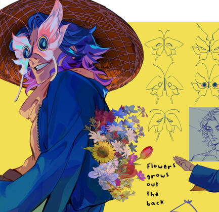 Original character design sheet, butterfly and lantern themed apothecary character