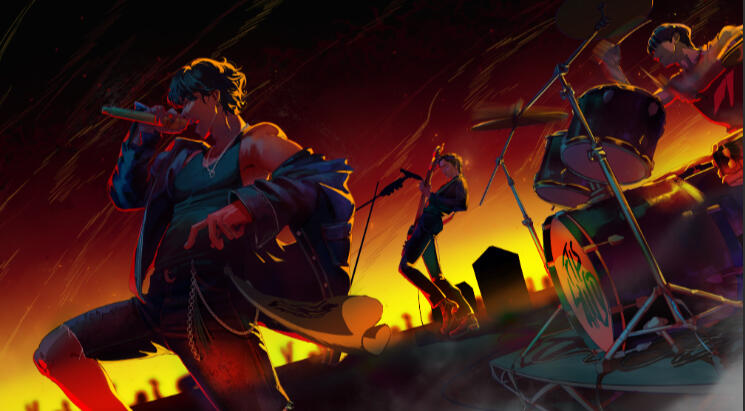 Untitled Dynamic band performance illustration, two singers and drummer under dramatic red-orange lighting