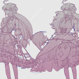 Character design turnaround, pastel purple dress and silhouette study