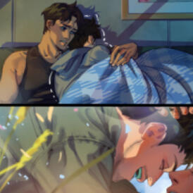 Short comic panel illustration, emotional character close-up scene