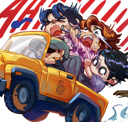Chibi-style commission sample, exaggerated cartoon characters in a car