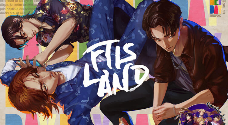 FT Island K-pop fanart illustration, three members in a stylized band-themed scene