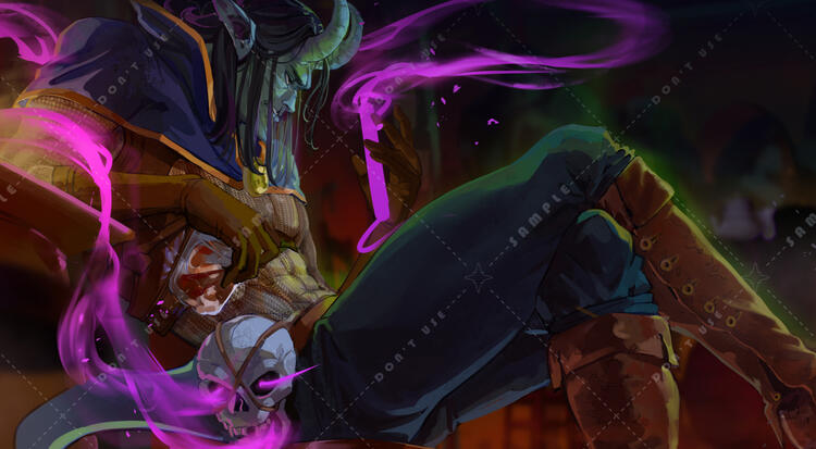 Dark fantasy action illustration with swirling purple magic effects, two characters in combat